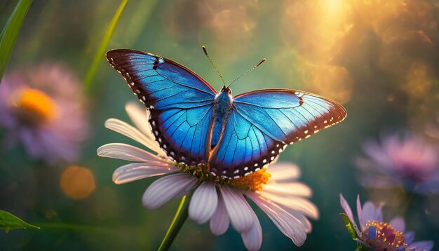 Foto borboleta azul com asas em forma de rombo polinizando uma flor iluminada pelo sol em close-up