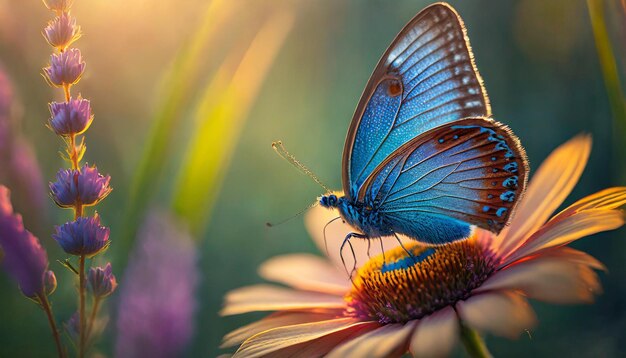 Foto borboleta azul com asas em forma de rombo polinizando uma flor iluminada pelo sol em close-up