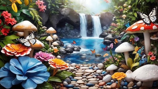 Borboleta com flores coloridas e cogumelo de cachoeira em papel de parede de design florestal gerado por IA