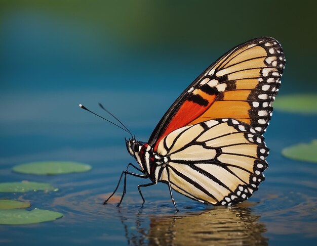 Foto borboleta de cauda de andorinha em flores e água