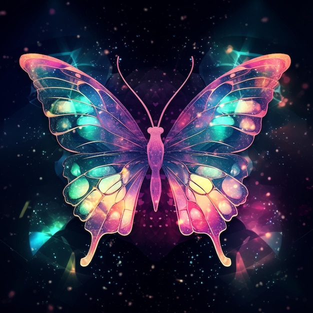 borboleta de cores brilhantes com asas brilhantes contra um fundo escuro