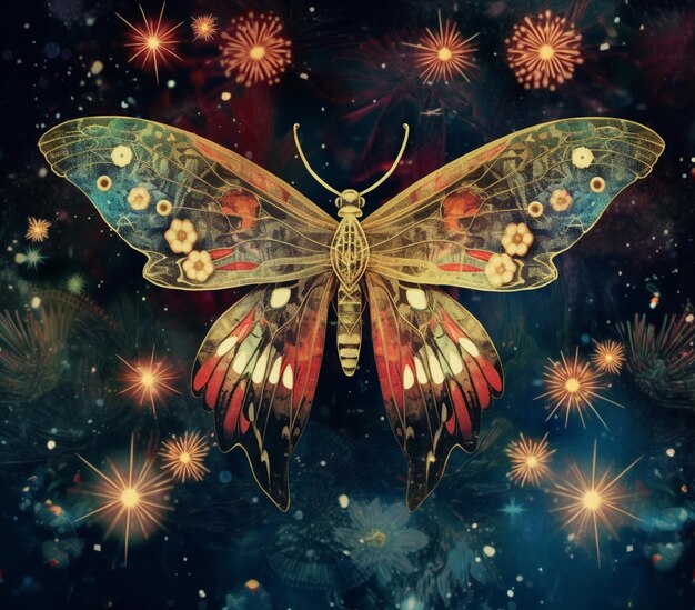 borboleta de cores brilhantes com asas cintilantes e fogos de artifício no fundo