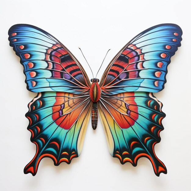 borboleta de cores brilhantes em fundo branco com asas vermelhas e azuis