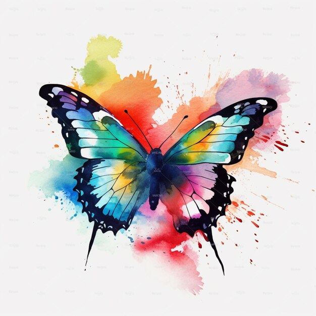 Foto borboleta de cores vivas com respingos de aquarela em fundo branco ai generativo
