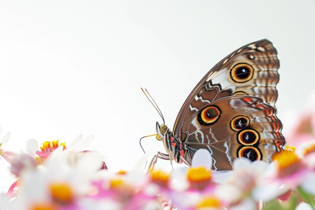 Foto borboleta-de-olho-caribenho em flores em fundo branco