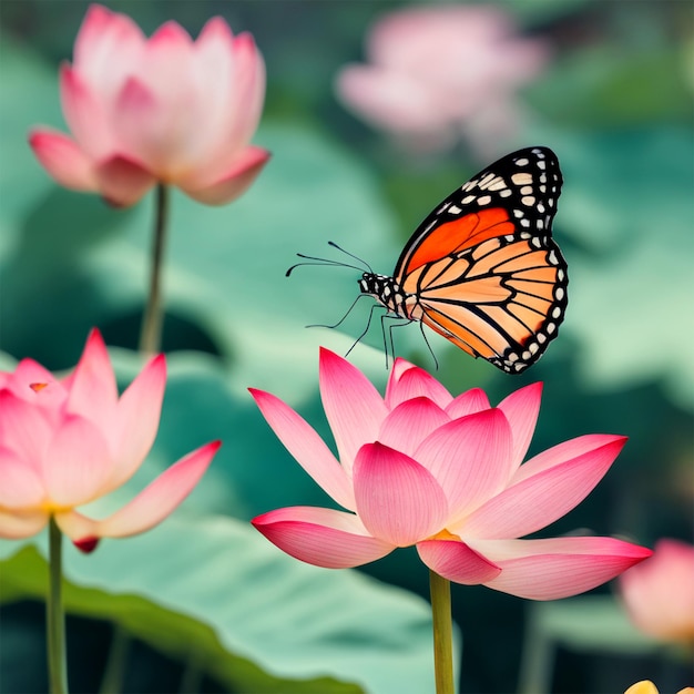 Borboleta descansando em uma flor de lótus