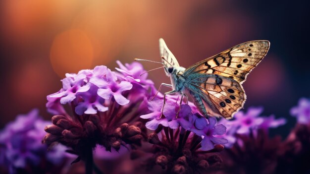 Borboleta em cima de flores roxas no esplendor da natureza