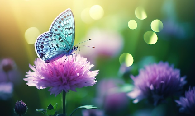 Borboleta em flor de trevo na primavera no verão em raios