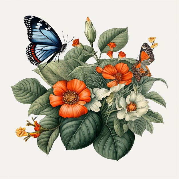 Foto borboleta em flores e folhas com ia generativa de fundo branco