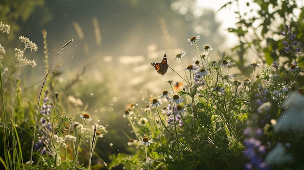 Borboleta em margaridas no prado ao nascer do sol