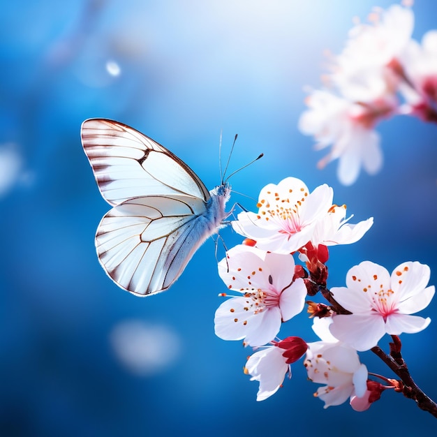 Borboleta em um galho de flores de cerejeira Fonte de primavera Fonte de natureza
