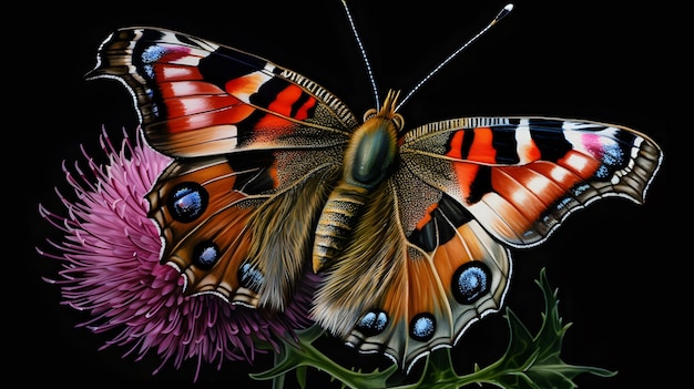 Borboleta empoleirada em cardo em arte figurativa retocada, bordado a lápis colorido detalhado e pintura digital de Viola Paterson