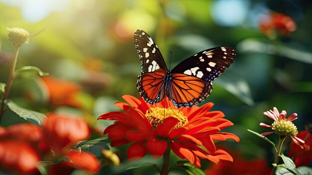 Borboleta empoleirada em uma flor vermelha vibrante em ambiente natural