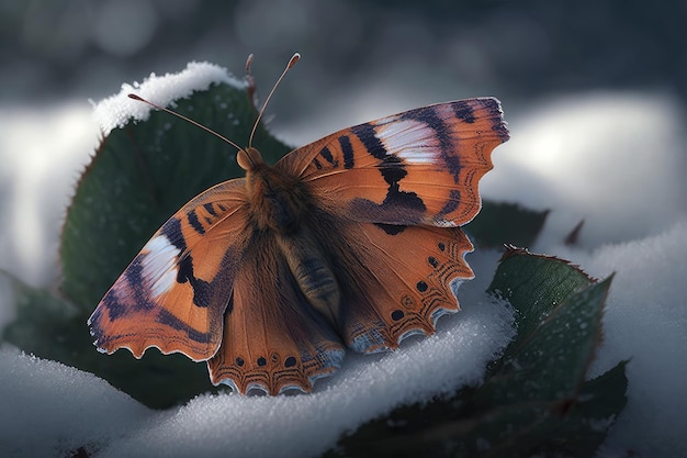 Foto borboleta empoleirada na folha rodeada de neve