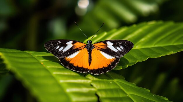 Borboleta laranja e preta em folha verde