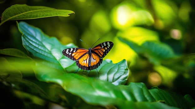 Borboleta laranja e preta em folha verde