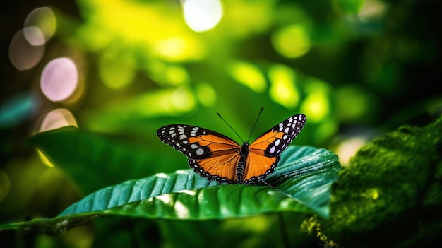 Borboleta laranja e preta em folha verde