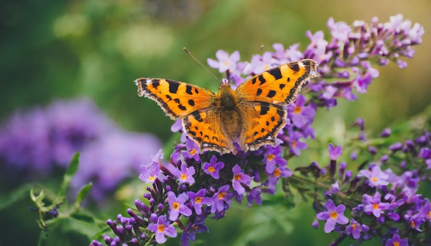 Foto borboleta laranja em flores violetas