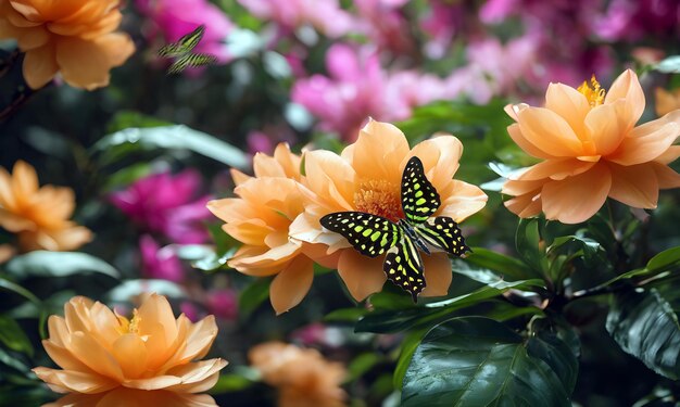 Foto borboleta manchada verde brilhante em flores de orquídea delicadas no jardim