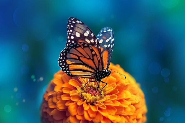 Borboleta monarca e flor de laranjeira no jardim de verão