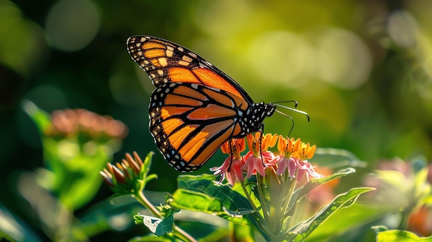 Borboleta monarca numa flor A borboleta é laranja preta e branca A flor é rosa e branca