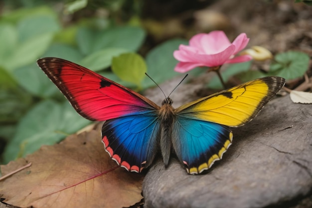 Foto borboleta morpho colorida em flor de purslane laranja brilhante em gotas de orvalho