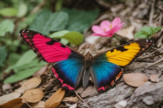 Foto borboleta morpho colorida em flor de purslane laranja brilhante em gotas de orvalho