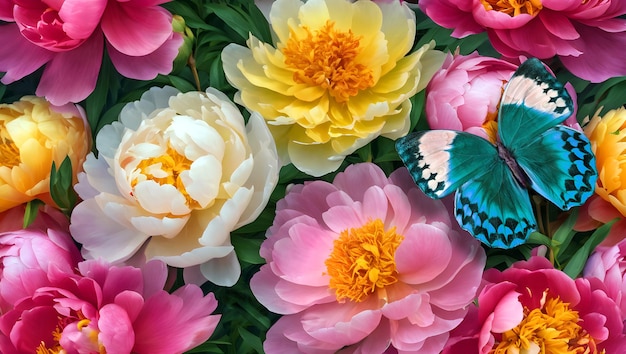 borboleta morpho tropical azul brilhante em flores de peônias coloridas
