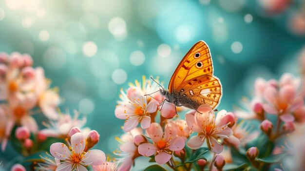 borboleta na cerejeira em flor no estilo de tons pastel macios luz dourada fotorrealista