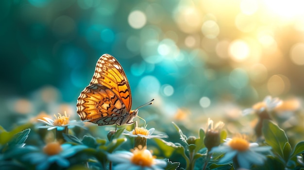 Borboleta na cerejeira em flor no estilo de tons pastel macios luz dourada fotorrealista