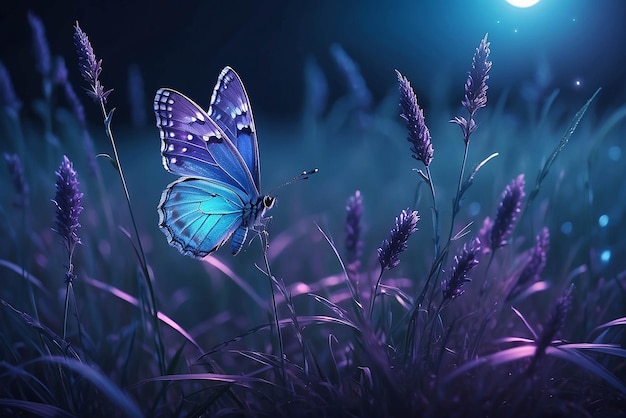 Borboleta na grama em um prado à noite na luz brilhante da lua na natureza em tons azuis e roxos macro imagem artística mágica fabulosa de um espaço de cópia de sonho