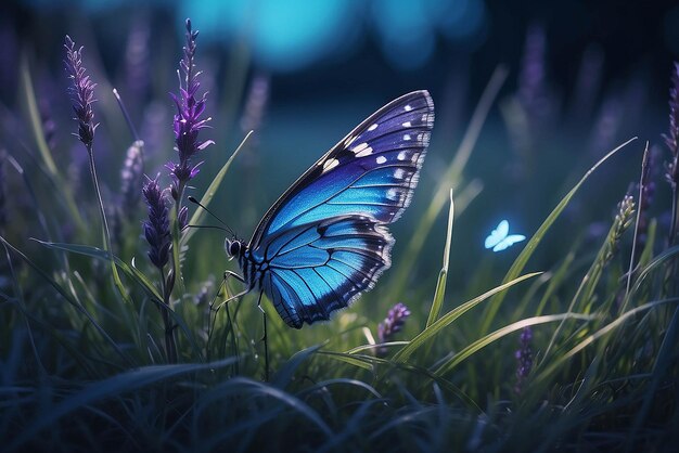 Borboleta na grama em um prado à noite na luz brilhante da lua na natureza em tons azuis e roxos macro imagem artística mágica fabulosa de um espaço de cópia de sonho