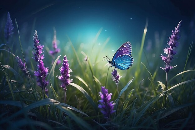 Borboleta na grama em um prado à noite na luz brilhante da lua na natureza em tons azuis e roxos macro imagem artística mágica fabulosa de um espaço de cópia de sonho