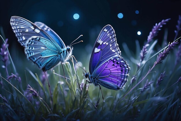 Borboleta na grama em um prado à noite na luz brilhante da lua na natureza em tons azuis e roxos macro imagem artística mágica fabulosa de um espaço de cópia de sonho