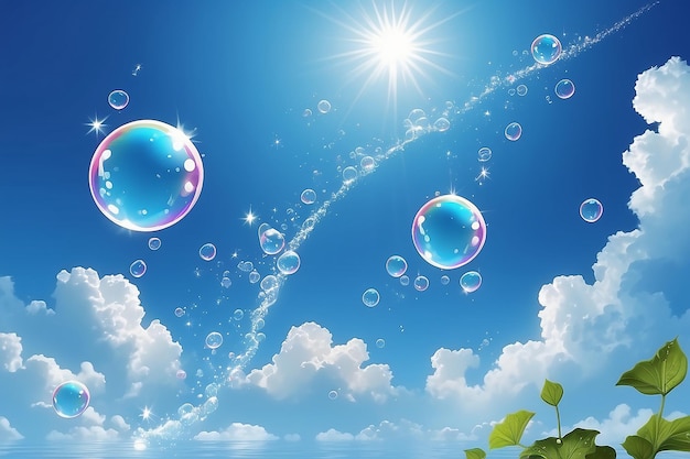 Borboleta no céu azul e bolhas