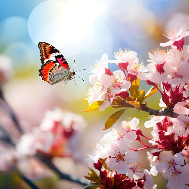 Borboleta no fundo de flores de primavera Fundo de primavera