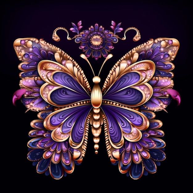 borboleta roxa e dourada com design de ornamento ornamentado em fundo preto ai generativo