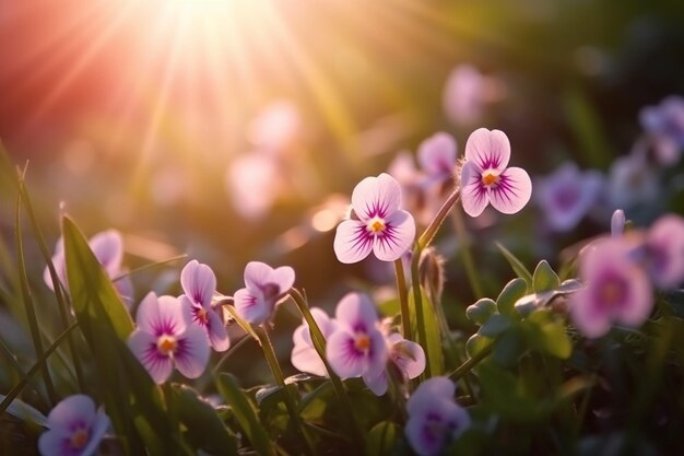 Borboleta roxa em flores violetas brancas selvagens em pastagem