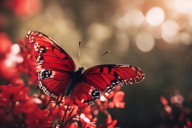 Borboleta vermelha Borboleta em flores de campo Foco seletivo AI gerado