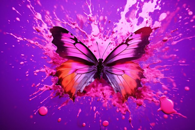 Foto borboleta voadora brilhante em um fundo roxo salpicos de água e pintura