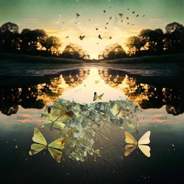 Foto borboletas a voar sobre um corpo de água com um pôr-do-sol ao fundo