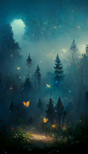 Borboletas azuis da floresta, neblina suave, ilustração 3D do luar