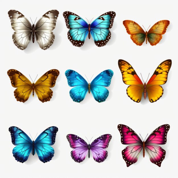 Foto borboletas coloridas renderizações 3d realistas em fundo transparente