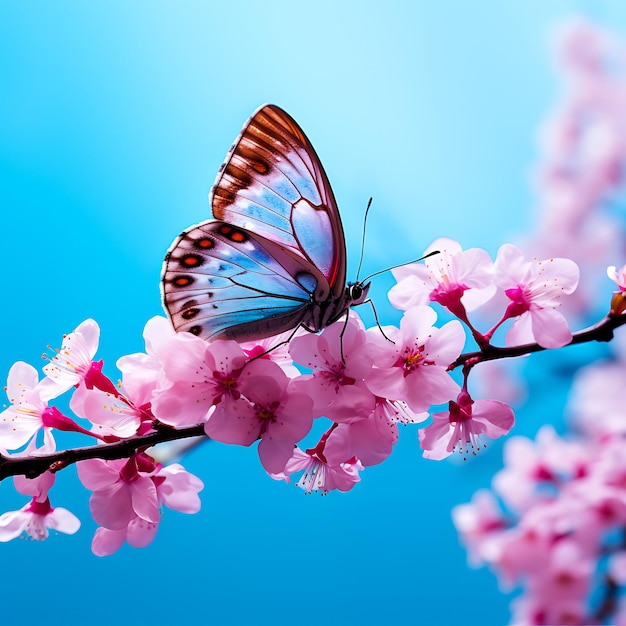 Borboletas coloridas voando em flores cor-de-rosa são geradas