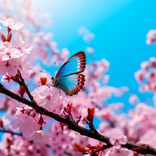 Borboletas coloridas voando em flores cor-de-rosa são geradas