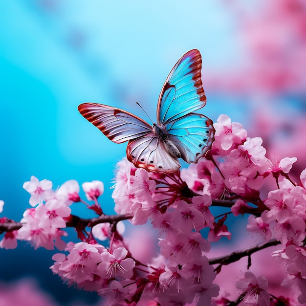 Borboletas coloridas voando em flores cor-de-rosa são geradas