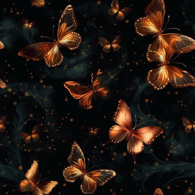borboletas com asas douradas e redemoinhos em um fundo preto