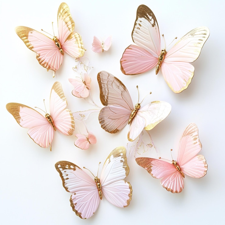 Foto borboletas cor-de-rosa com detalhes dourados e brilho em uma ilustração de aquarela de fundo branco