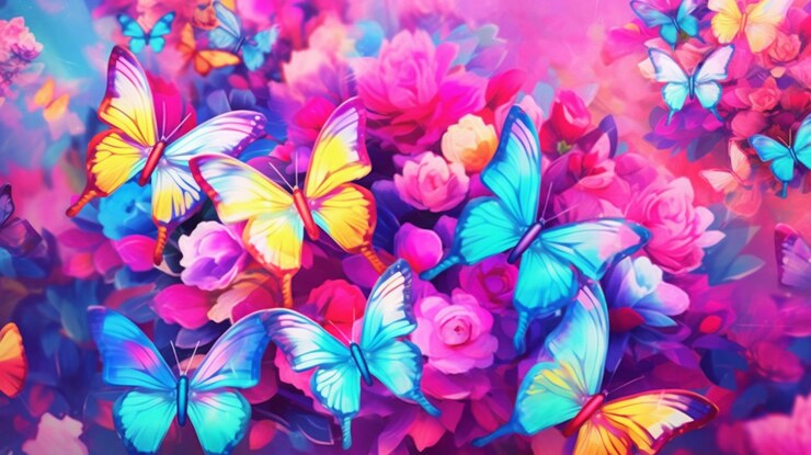 Foto borboletas e flores em um campo de rosa e azul generativo ai