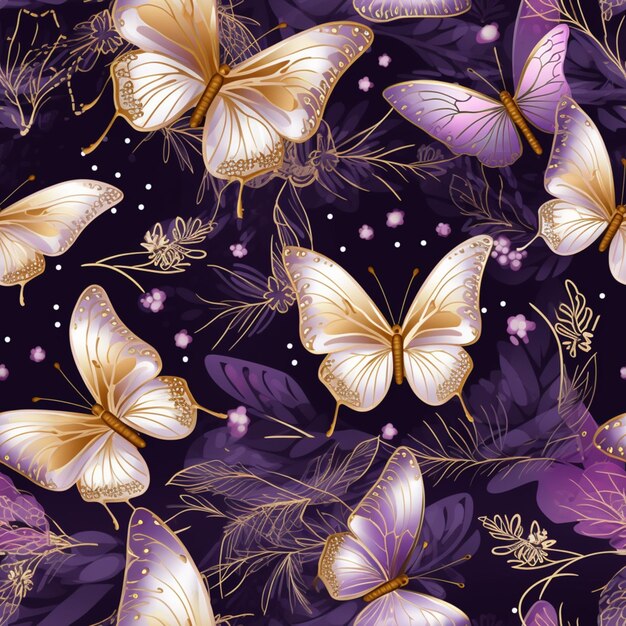 borboletas e folhas roxas e douradas em um fundo escuro gerador de IA